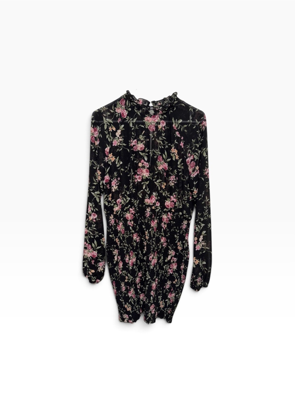 Forever 21 Black Long-Sleeve Floral Smocked Dress with Pink Roses